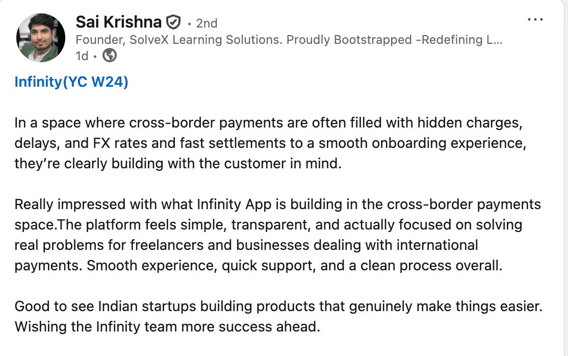Infinity review on Linkedin