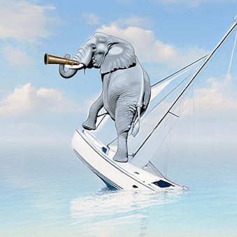 Boat captain looks liek an elephant guiding a sinking boat