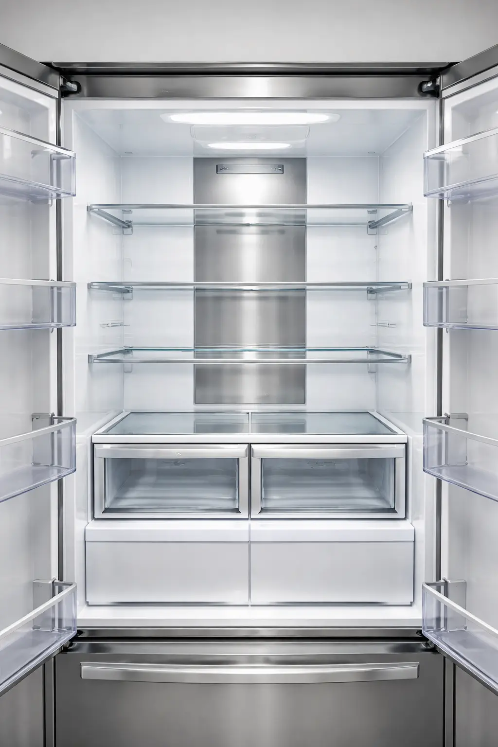 Interior of a luxury refrigerator after a post-construction deep clean, showing dust-free glass shelves and polished stainless steel surfaces.