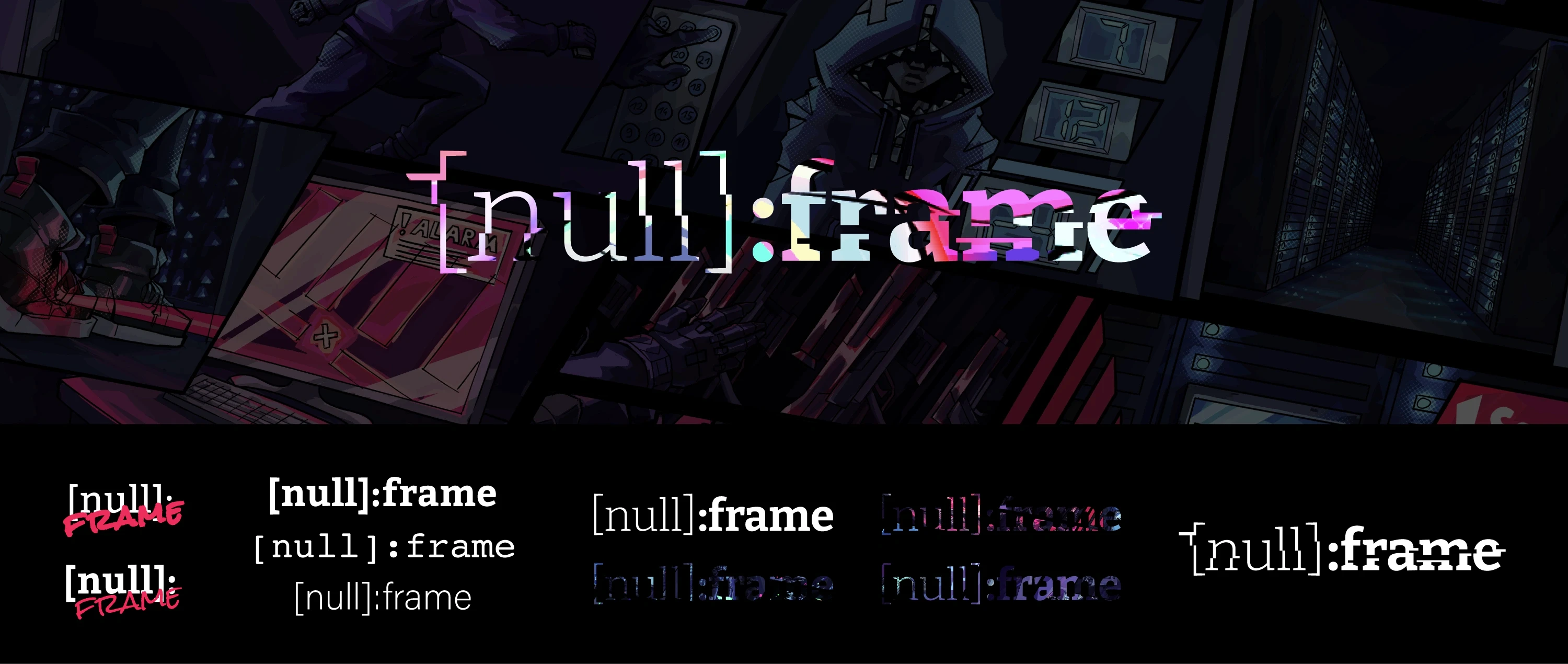 Overview of the project's logo development. The final, dynamic [null]:frame logo is shown at the top, overlaid on comic panels. Below, various text designs with different fonts and glitch effects illustrate the design process.