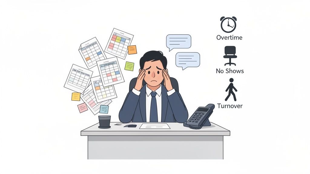 A stressed manager sits at his desk, overwhelmed by employee scheduling issues like overtime, no-shows, and turnover.