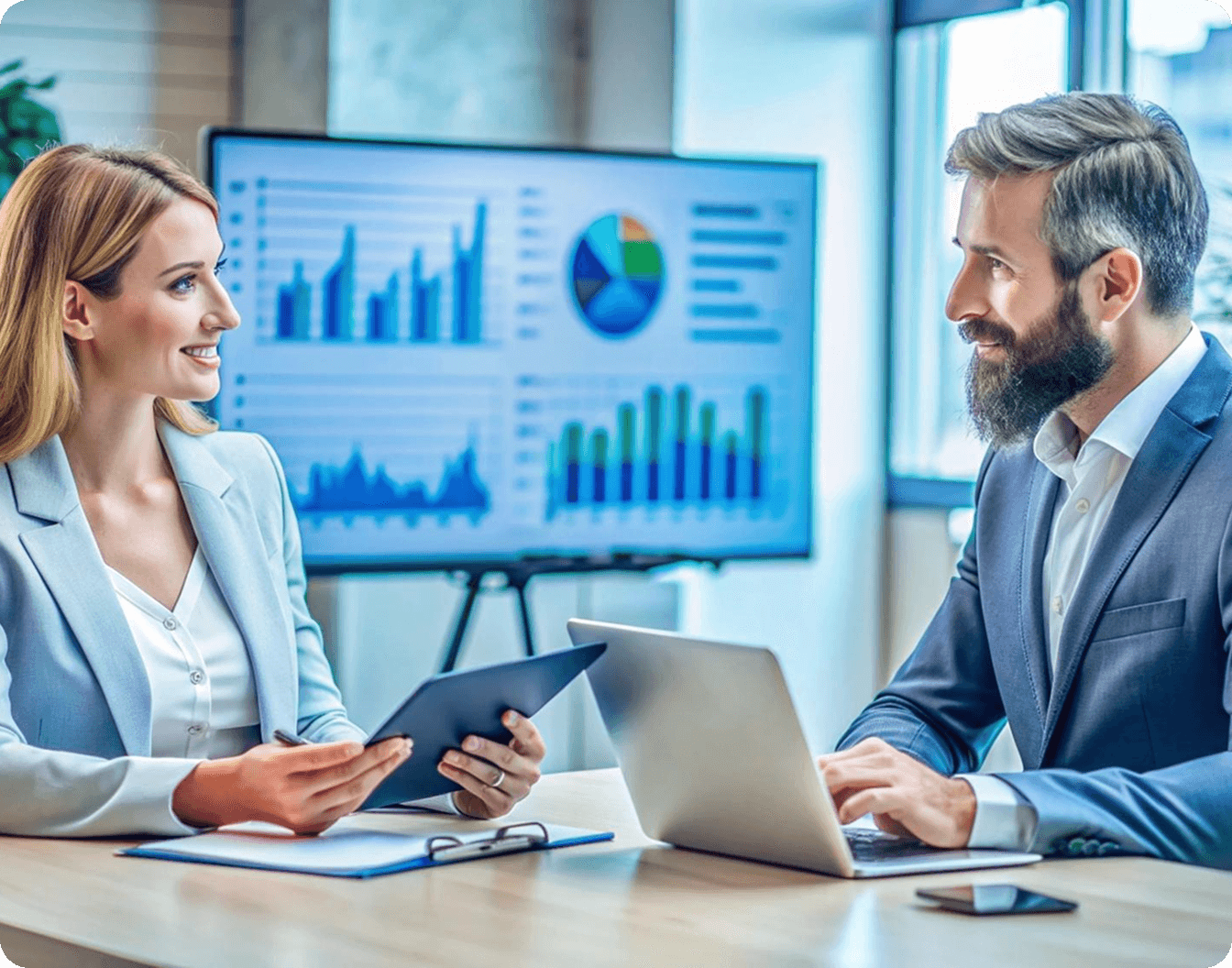 Business colleagues discussing ideas while reviewing a chart on a screen
