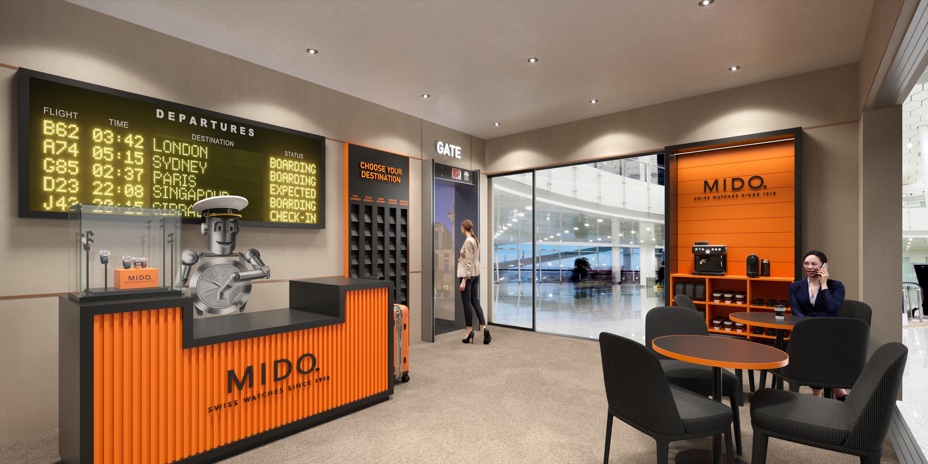 Reception desk of MIDO watches Pop up design and exhibition retail concept for Switzerland market