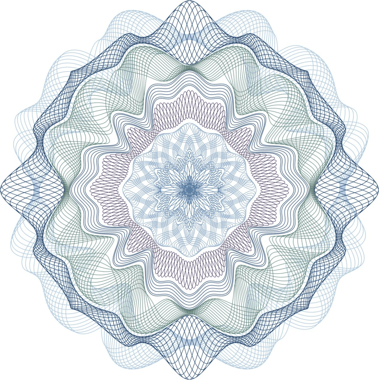 A blue and white circular design on a white background.
