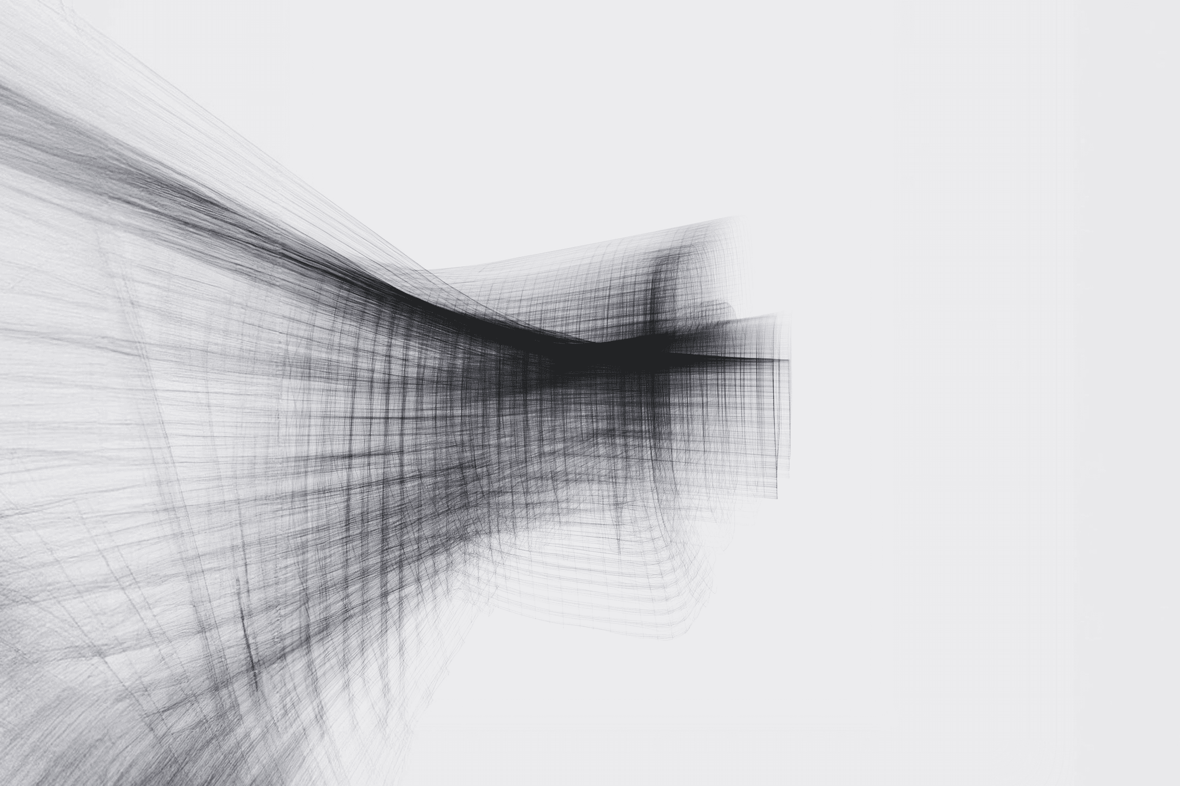 Abstract digital art with a flowing black grid on a white background, creating a dynamic wave-like pattern with depth and motion.