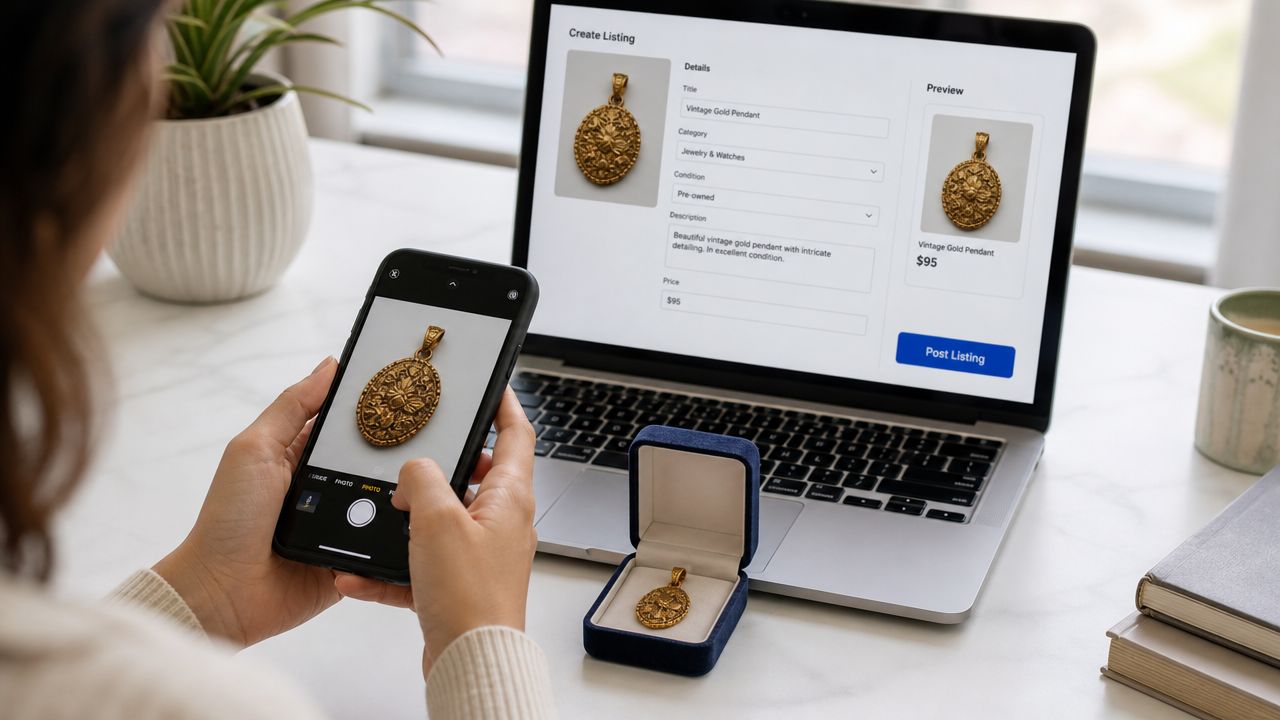 A woman using her smartphone to photograph a vintage gold pendant for an online marketplace listing.