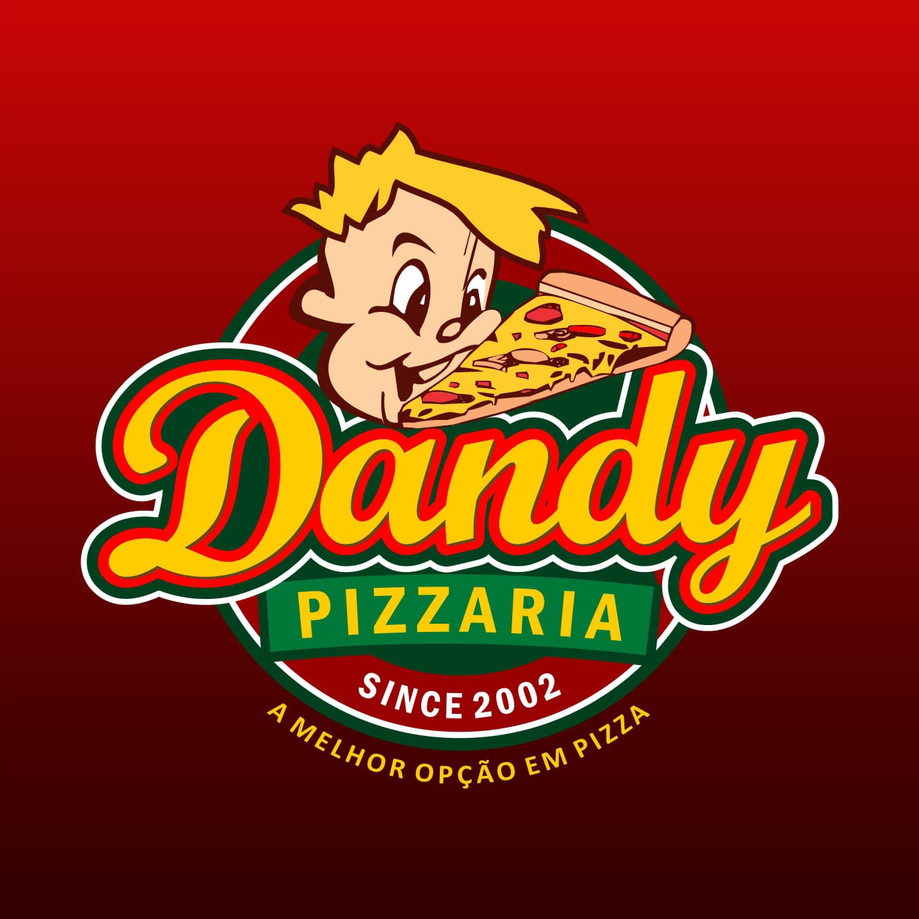 Logotipo da Dandy Pizzaria com mascote segurando fatia de pizza, destacando tradição desde 2002 e pizzas artesanais.