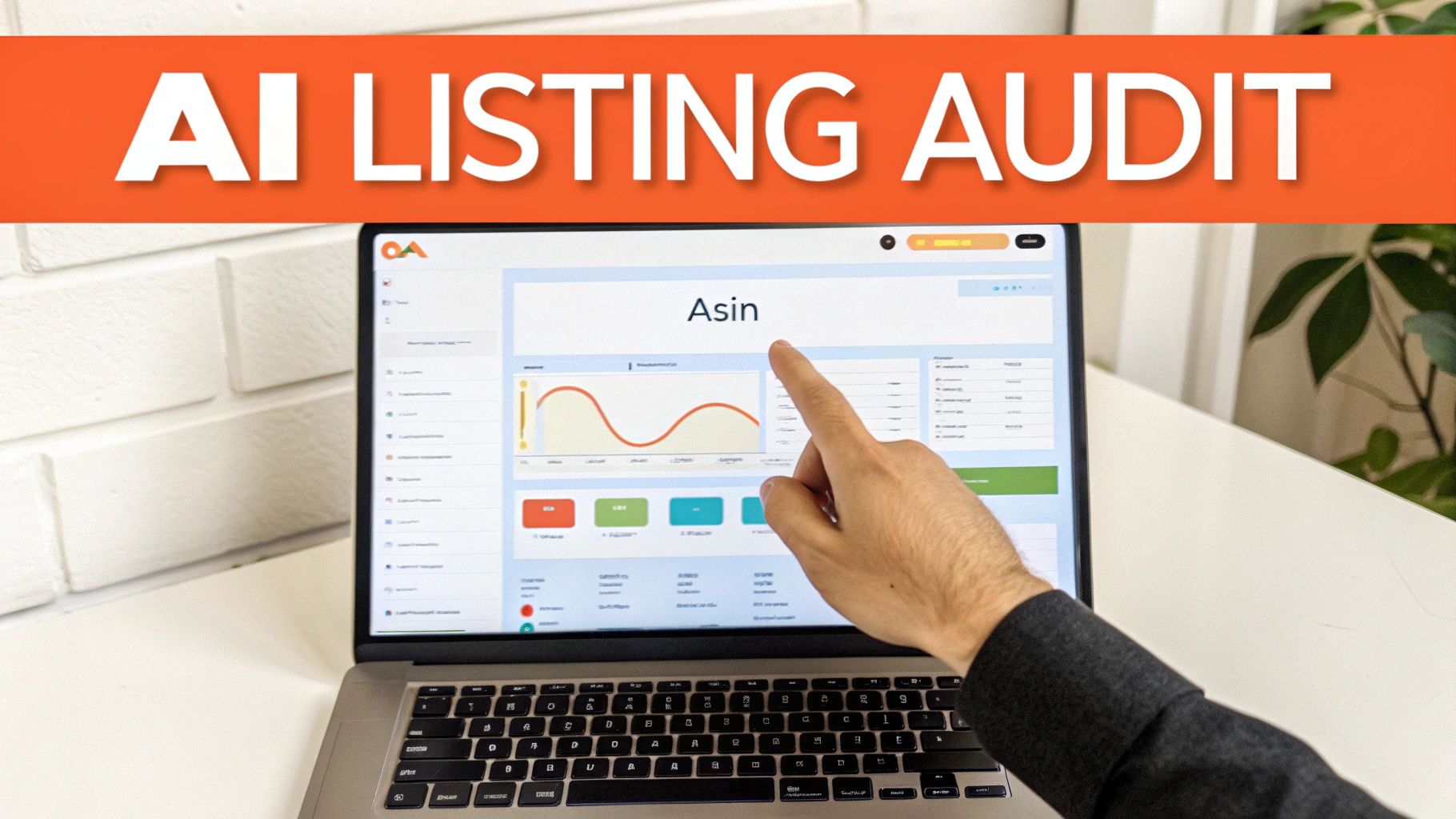 A person's hand pointing at a laptop screen displaying an 'Asin' data dashboard with a graph and tables, under an 'AI LISTING AUDIT' banner.