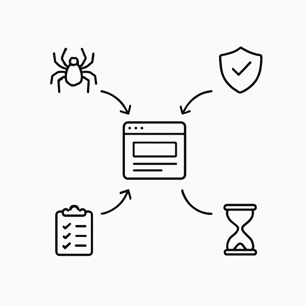 Flow diagram with central webpage icon branching to crawler, authority, freshness, and quality icons