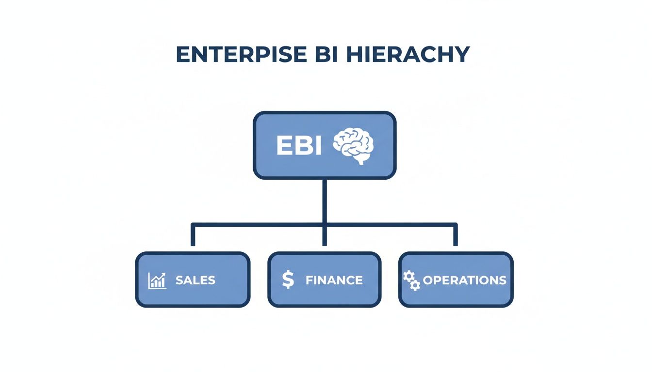 Diagram showing Enterprise Business Intelligence (EBI) at the top, connecting to Sales, Finance, and Operations.