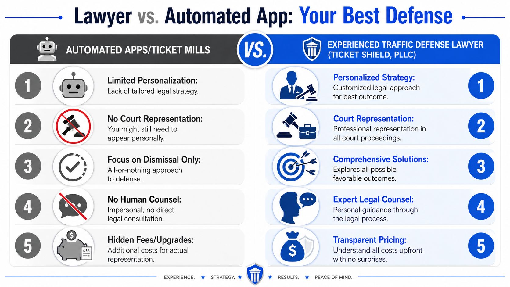 A comparison infographic between automated traffic apps and an experienced traffic defense lawyer highlighting benefits of professional representation.