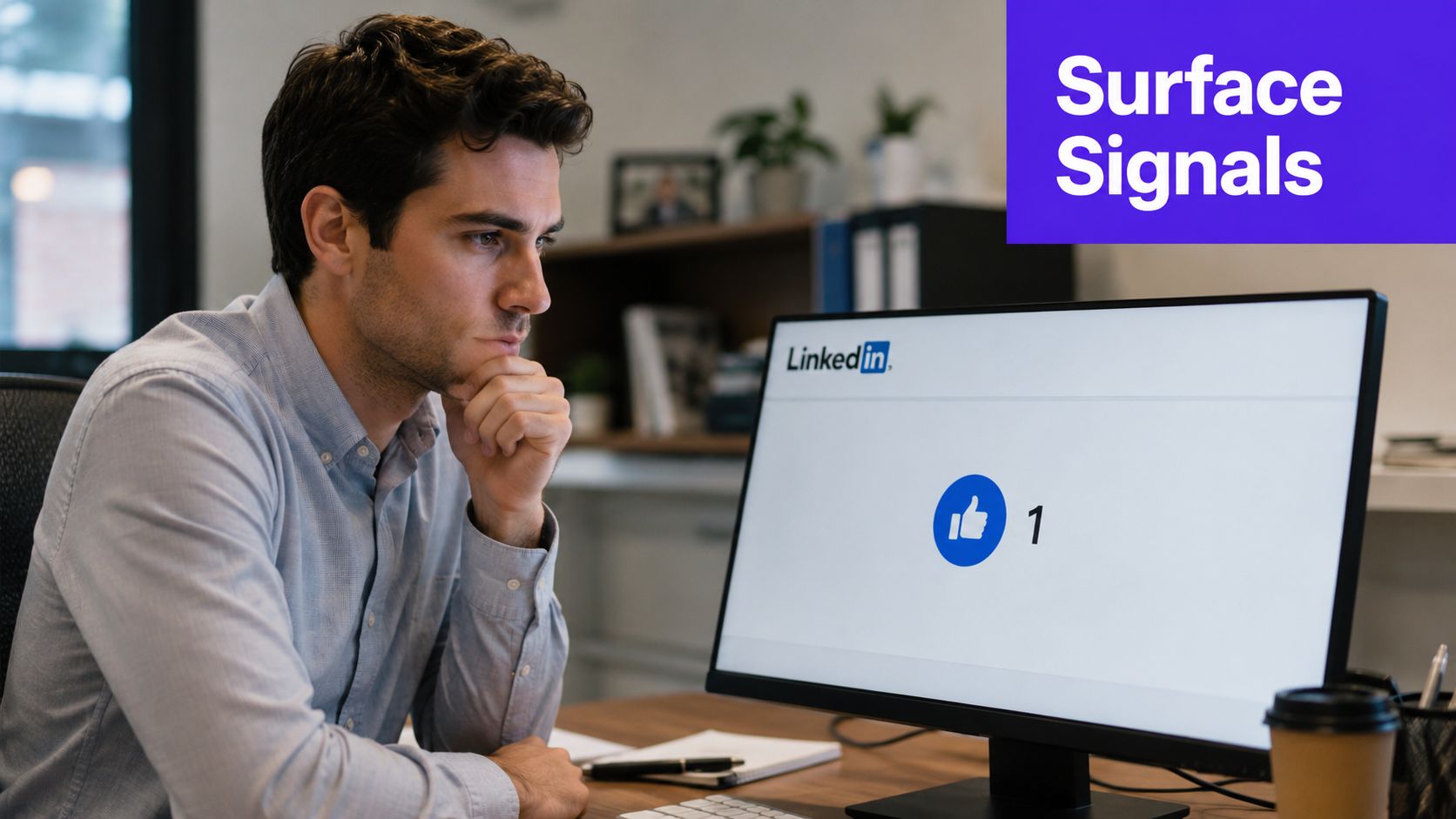 A professional man sits at a desk looking intently at a computer screen displaying LinkedIn analytics.