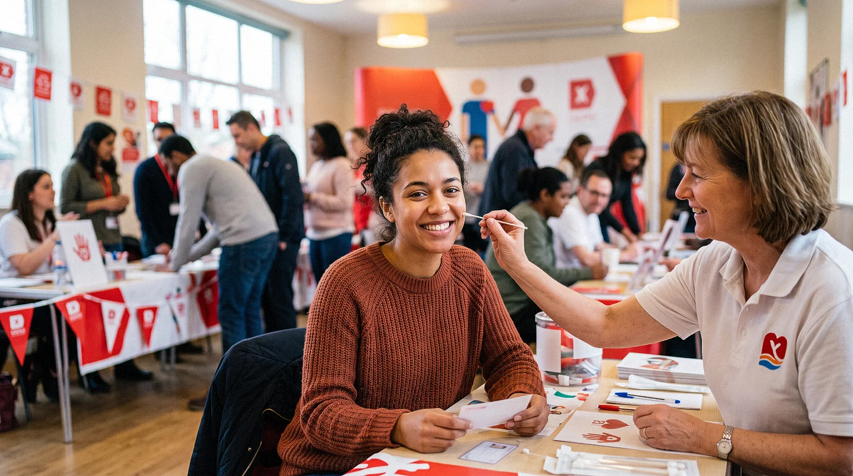 Young woman smiling while volunteer does cheek swab for DKMS blood cancer donor registration event in UK