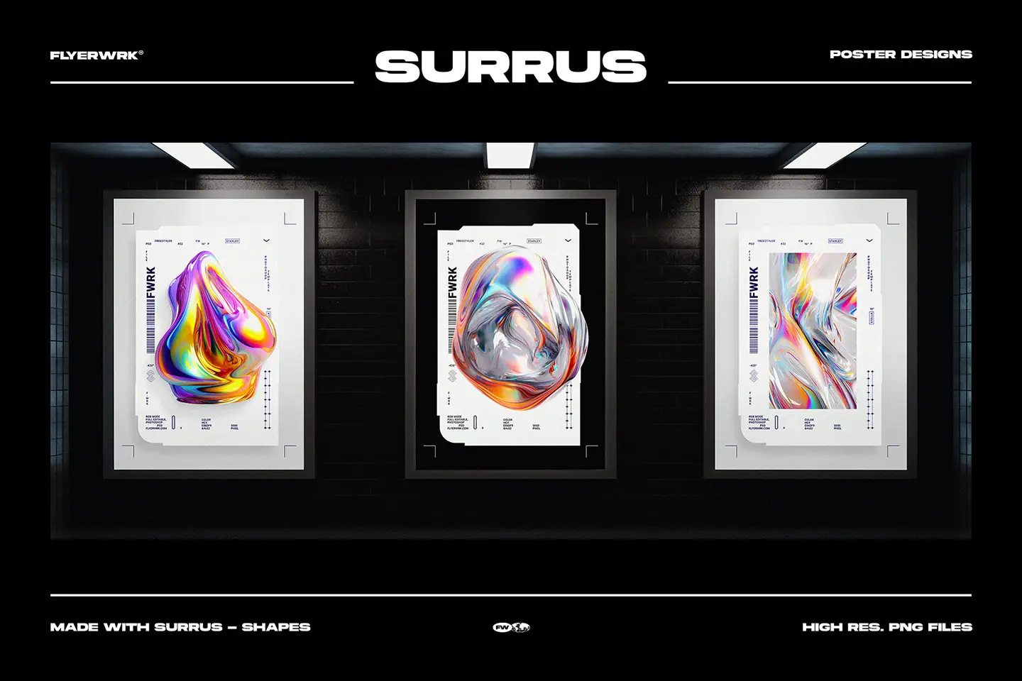 Poster design examples created with Surrus chromatic backgrounds and fluid shapes
