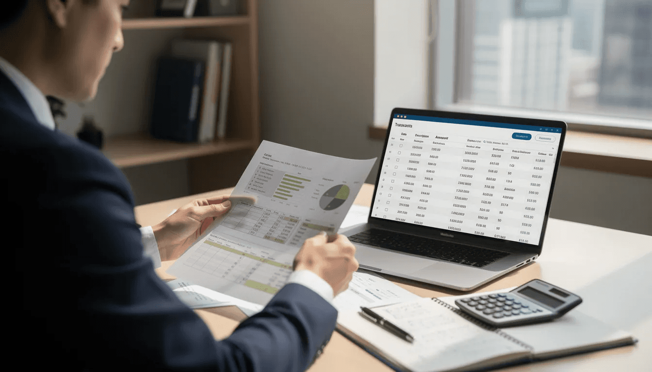 A person is seated at a desk, reviewing financial documents while a laptop displays transaction records related to selling cryptocurrency. The scene suggests a focus on managing digital assets and understanding the implications of trading in a volatile market.