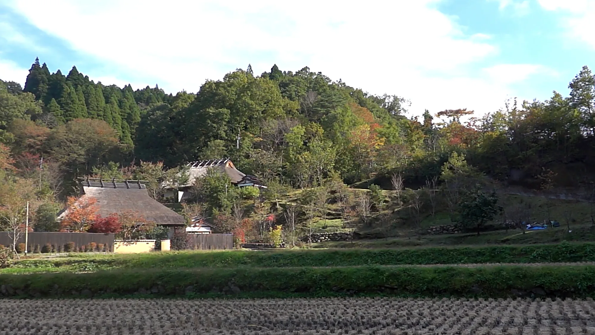 A thatched farmhouse above terraced fields in the Oguni valley near Kurokawa Onsen