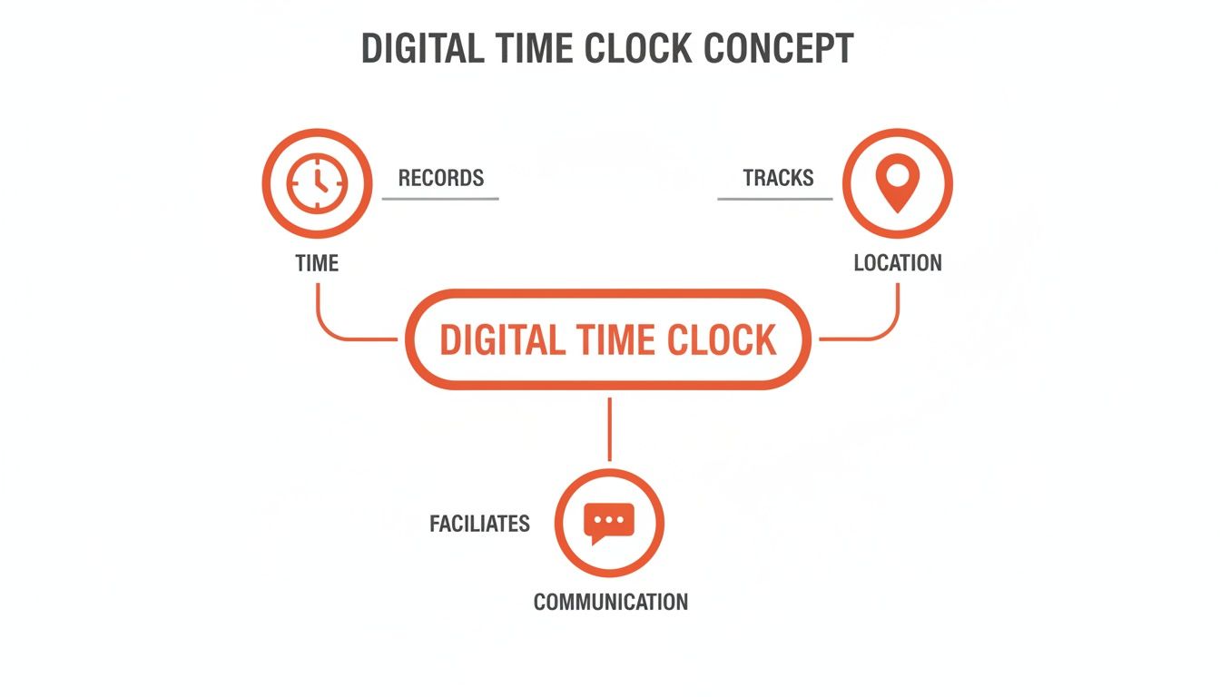 A flowchart showing the Digital Time Clock concept, linking it to recording time, tracking location, and facilitating communication.