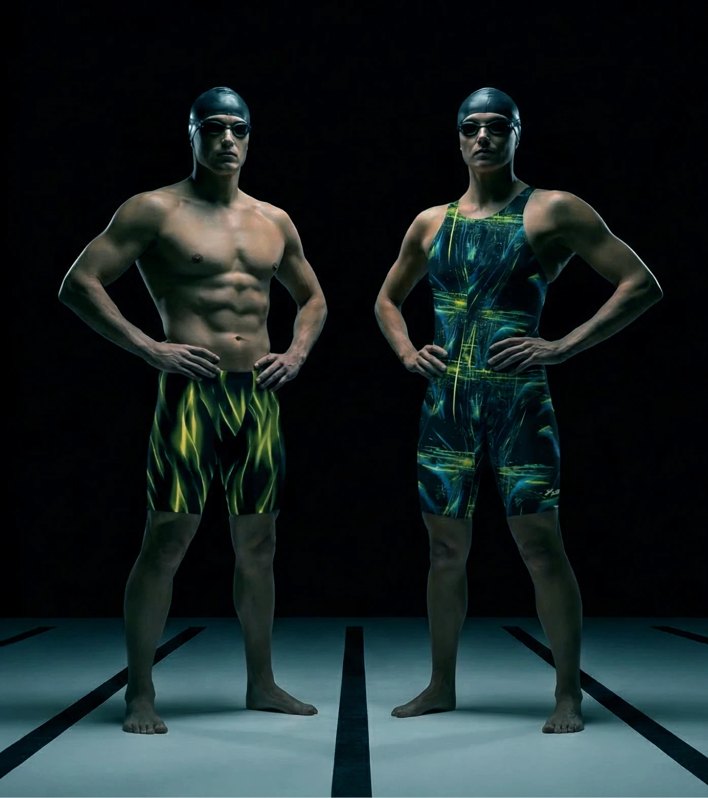 Dois nadadores de pé em fundo escuro, usando trajes de competição com estampas verde-neon, parte da campanha Fabiola Molina