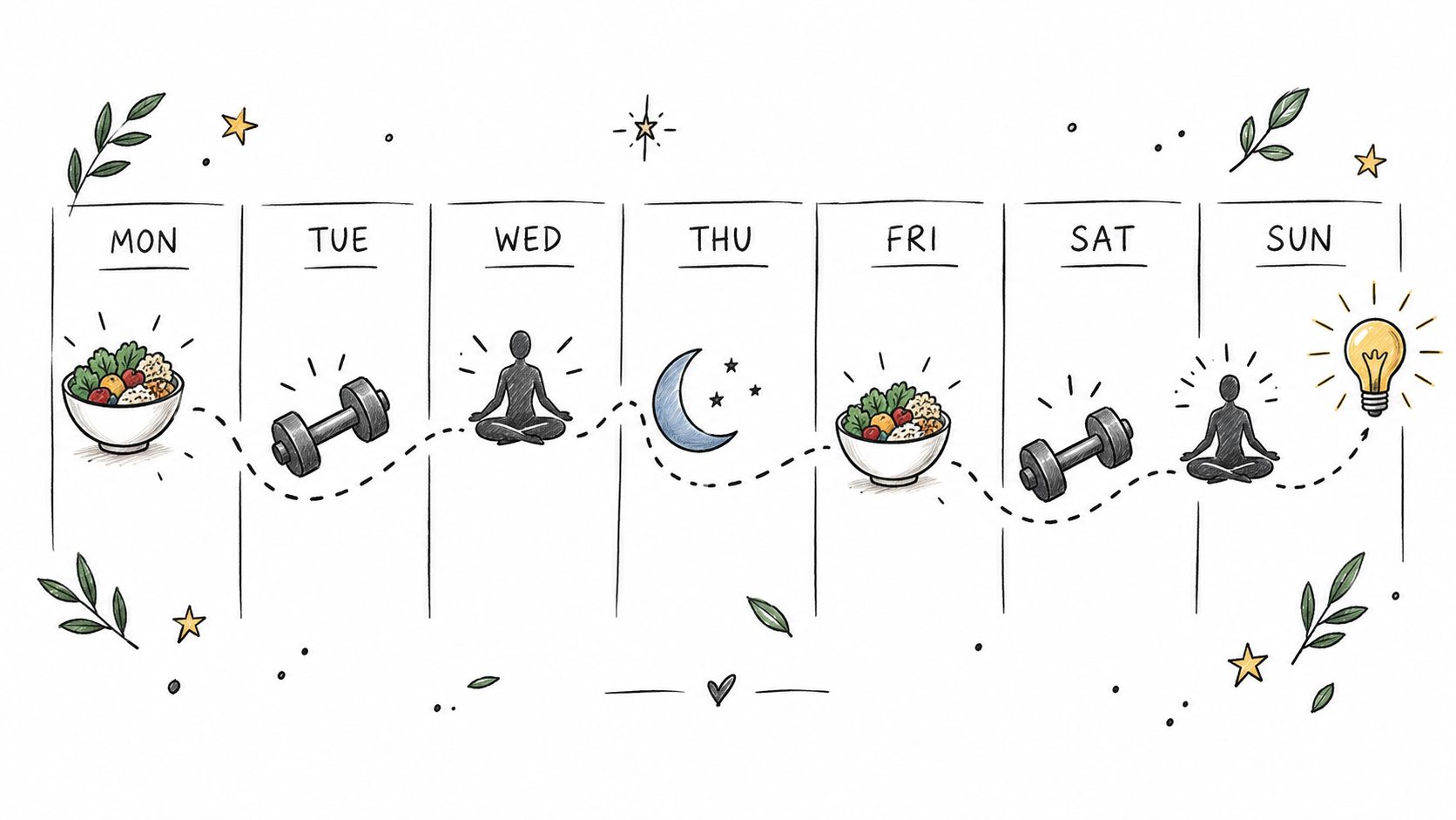 A weekly calendar illustration showing a routine of healthy eating, exercise, meditation, and rest for mental clarity.