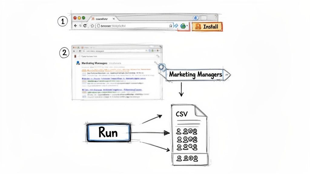 A diagram shows installing a browser tool, searching for 'Marketing Managers,' running the tool, and exporting data to a CSV file.