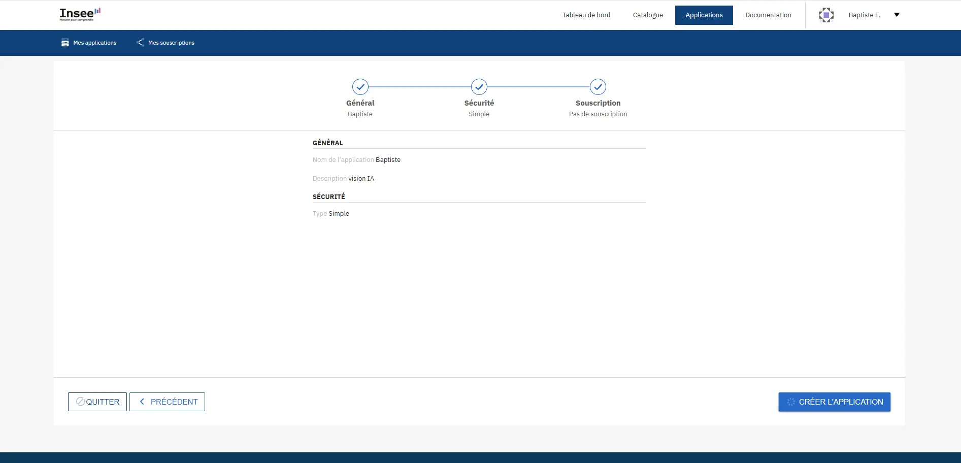 étape finale création application INSEE validation mode simple