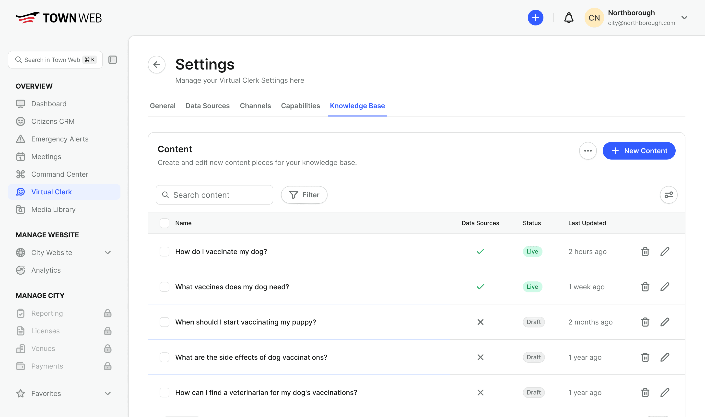 Virtual Clerk settings: Knowledge Base tab, content list