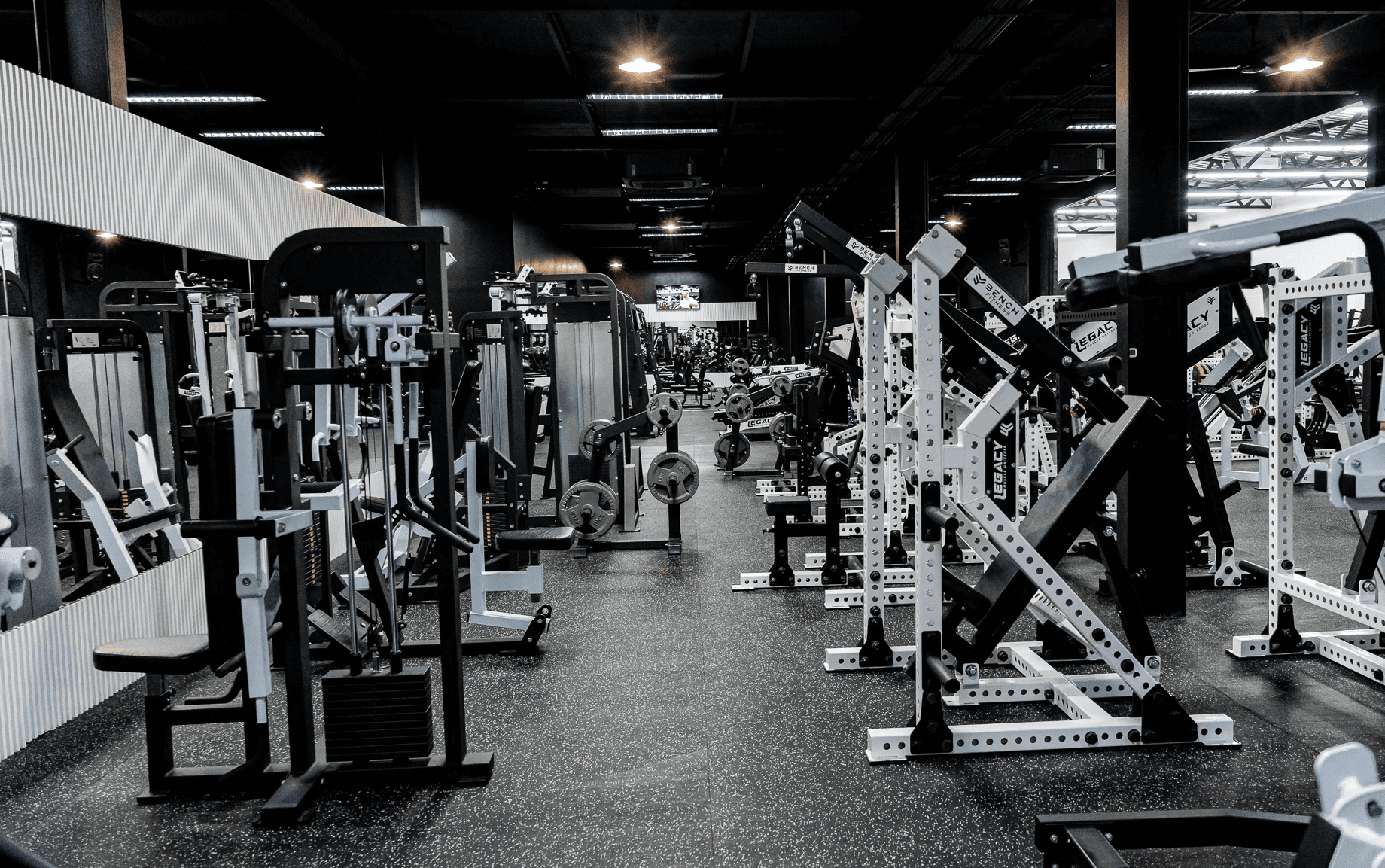 Advanced weightlifting equipment at Legacy Muscle Universe Koh Samui, featuring free weights and resistance machines in a modern fitness gym.