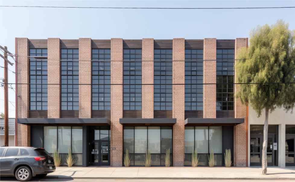 Modern office block with lots of dark glass windows