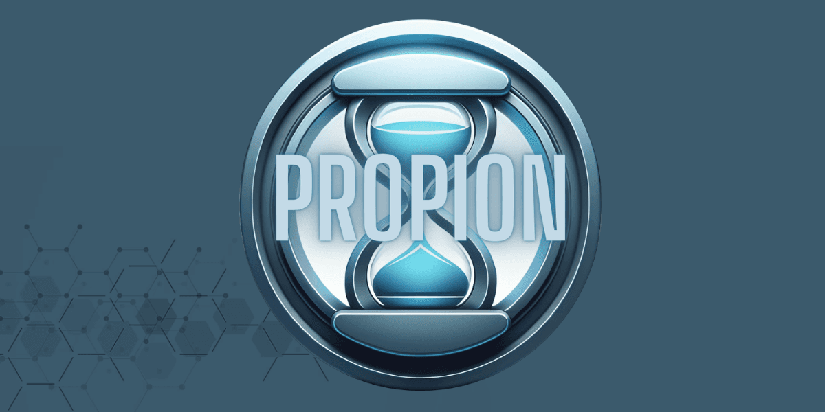 Propion logo featuring an hourglass symbol, representing microbiome science and healthy aging research.
