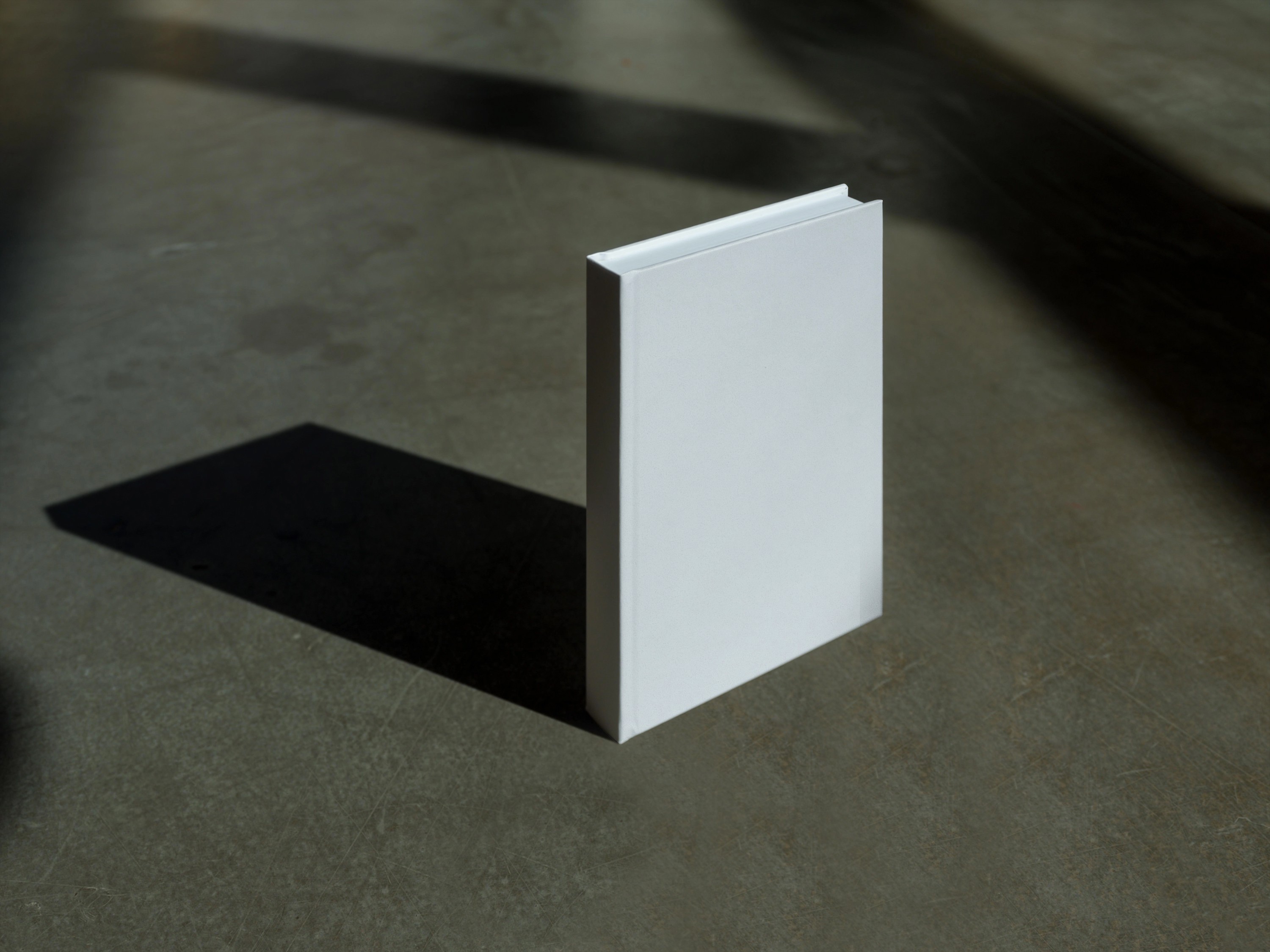 A plain white book stands upright on a concrete floor with dramatic lighting casting long shadows, creating a minimalist and modern aesthetic.