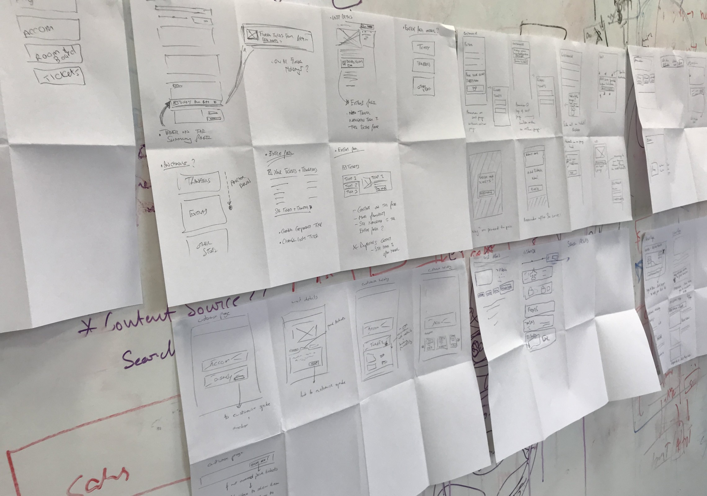 Photo showing sketches pinned up on a wall.