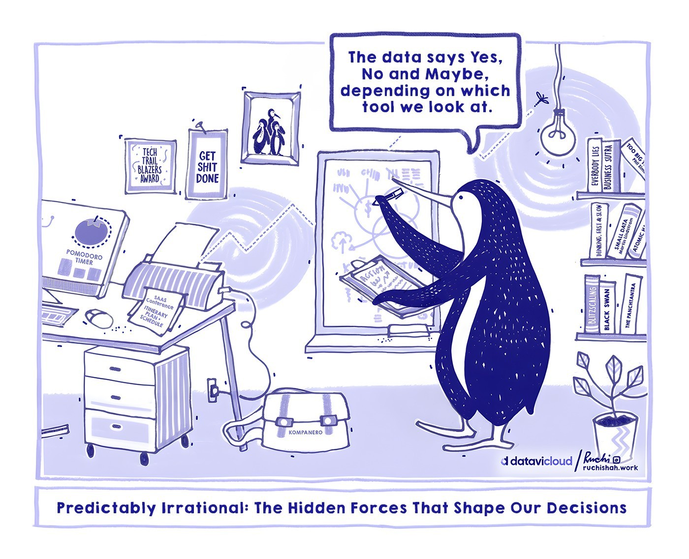 A satirical comic showing two penguins watching a nostalgic television screen that says "Gone With The Wind". One penguin asks, "What happened to our DEI program?" while the other explains that the budget was shifted to buy more AI tools. The comic is titled "Corporate DEI Efforts: Now Streaming, But Only for Nostalgia"