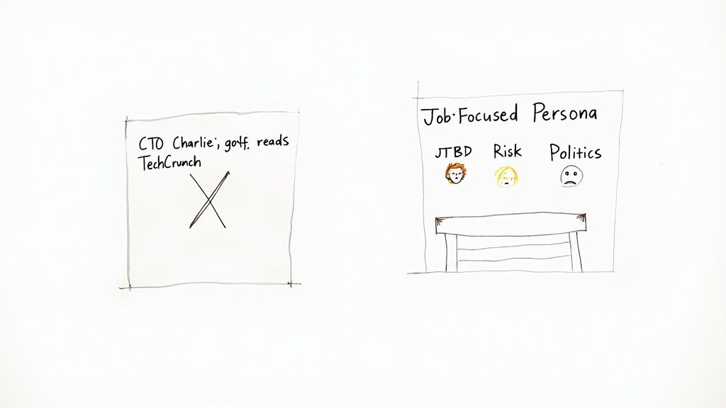 Illustration contrasting traditional demographic-based personas with a more effective job-focused persona approach.