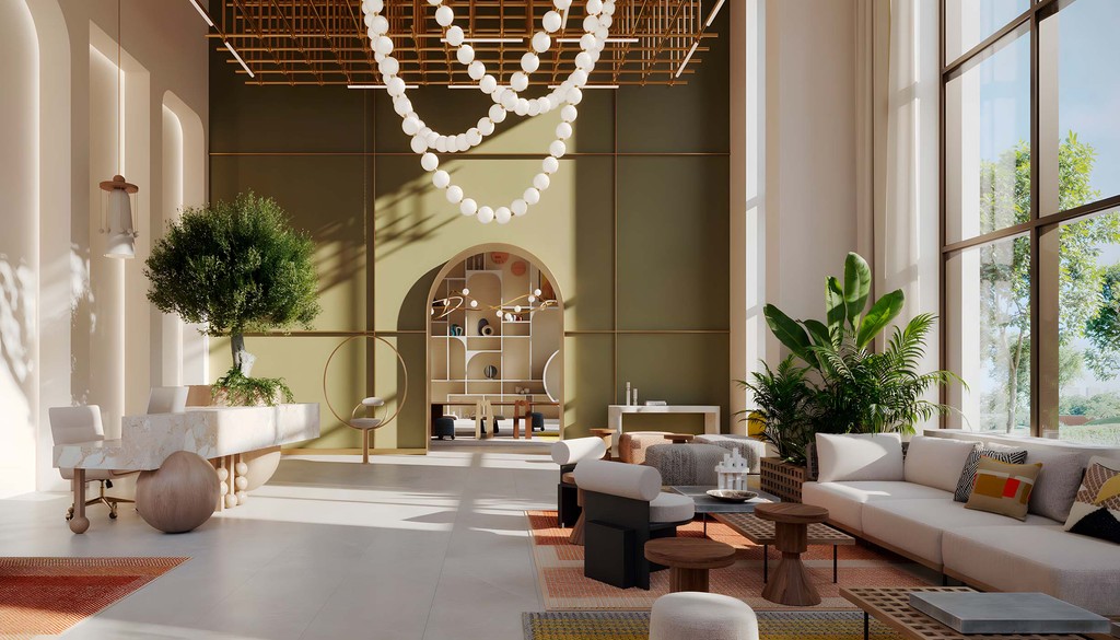 A spacious living room featuring a large window and an elegant chandelier, showcasing the design of Hillsedge by Emaar.