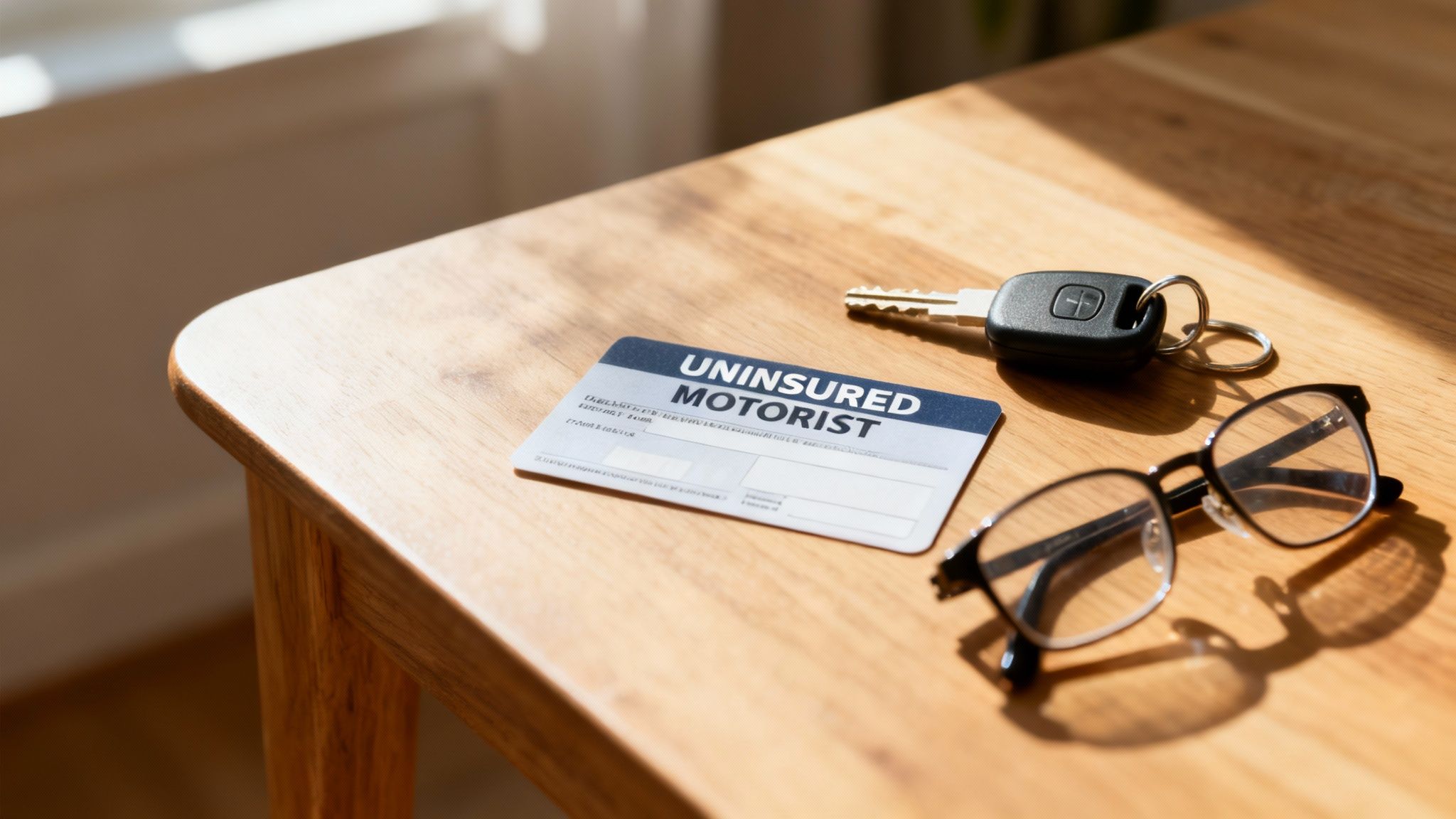 An uninsured motorist insurance card, car key, and glasses lie on a wooden table.