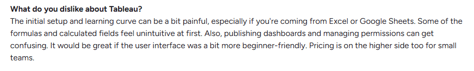 Tableau user review highlighting setup complexity, learning curve, and pricing concerns