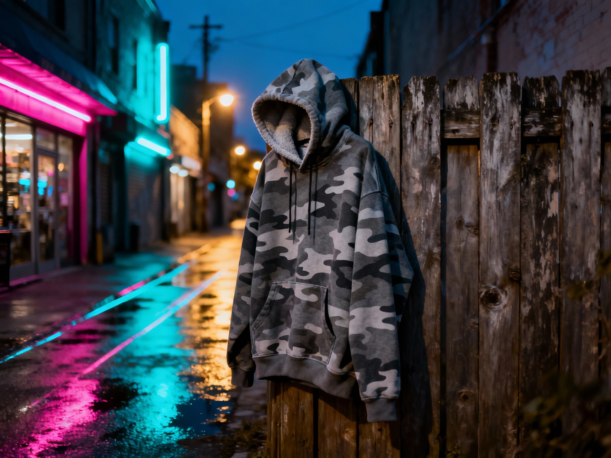 An editorial-style wide landscape photograph of a camo hoodie draped over a rustic wooden fence in