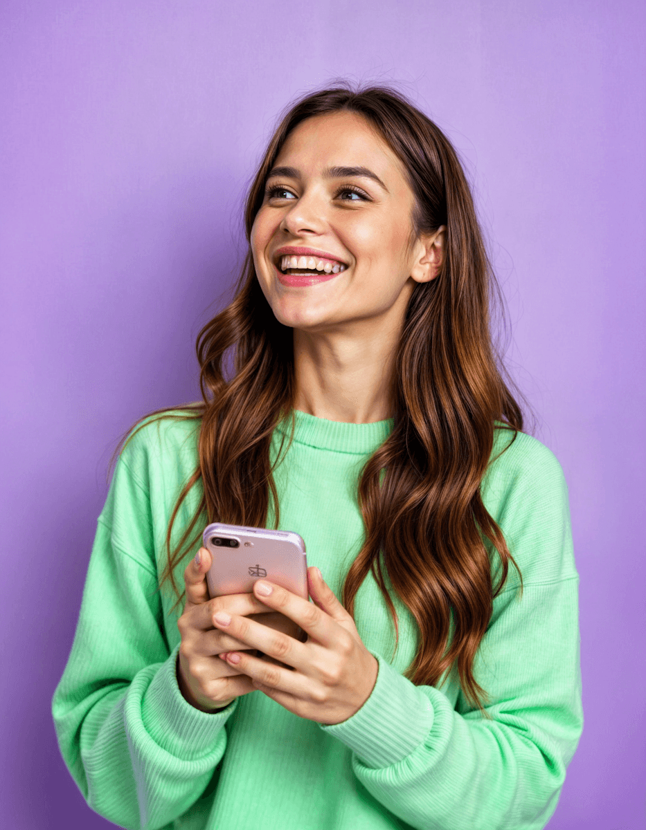 Joyful young woman with long brown hair smiling while holding pink smartphone.