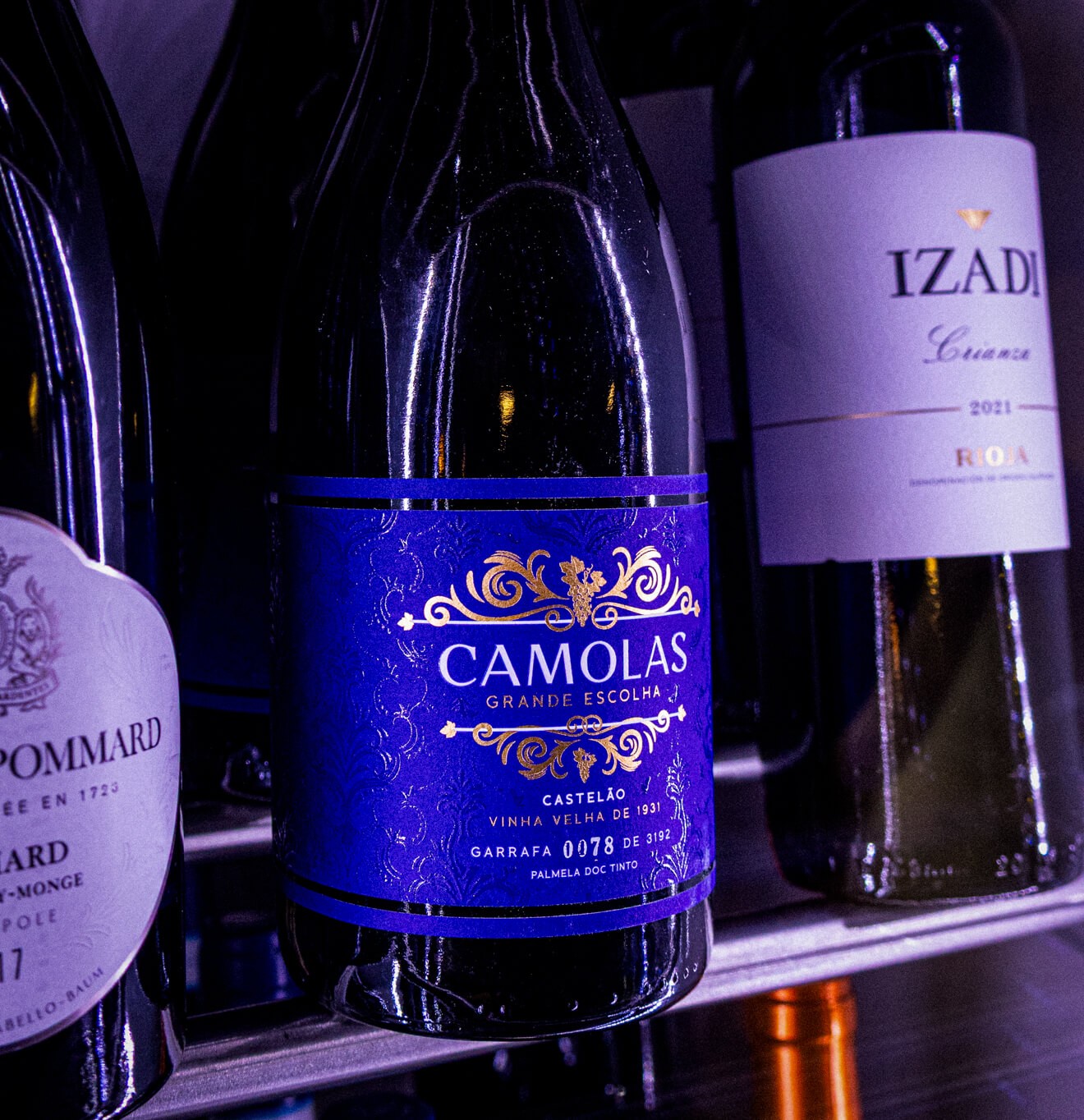 Láhve výběrového červeného vína Camolas a Izadi připravené ve vinné chladničce
