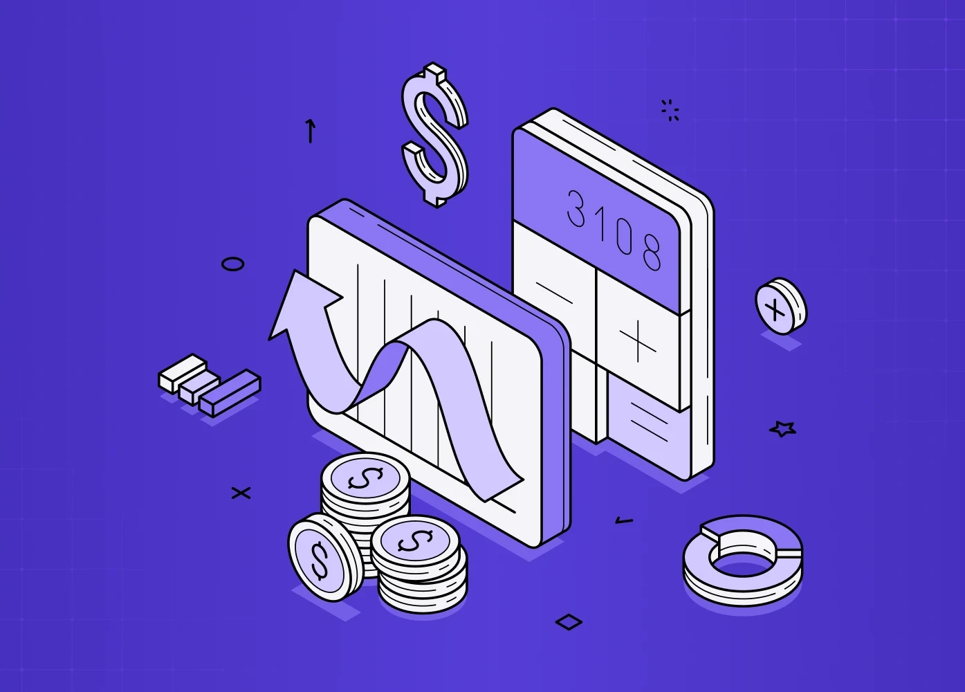 Isometric illustration of financial growth with charts, coins, and a rising arrow indicating revenue increase.