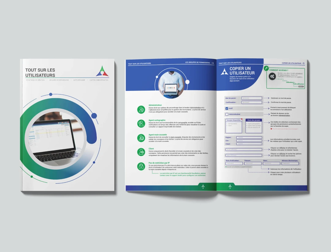 Mockup guide utilisateur AniKit "Tout sur les Utilisateurs" — couverture et double page intérieure avec pictogrammes des rôles et captures annotées, conception éditoriale onboarding par Tartelette Concept
