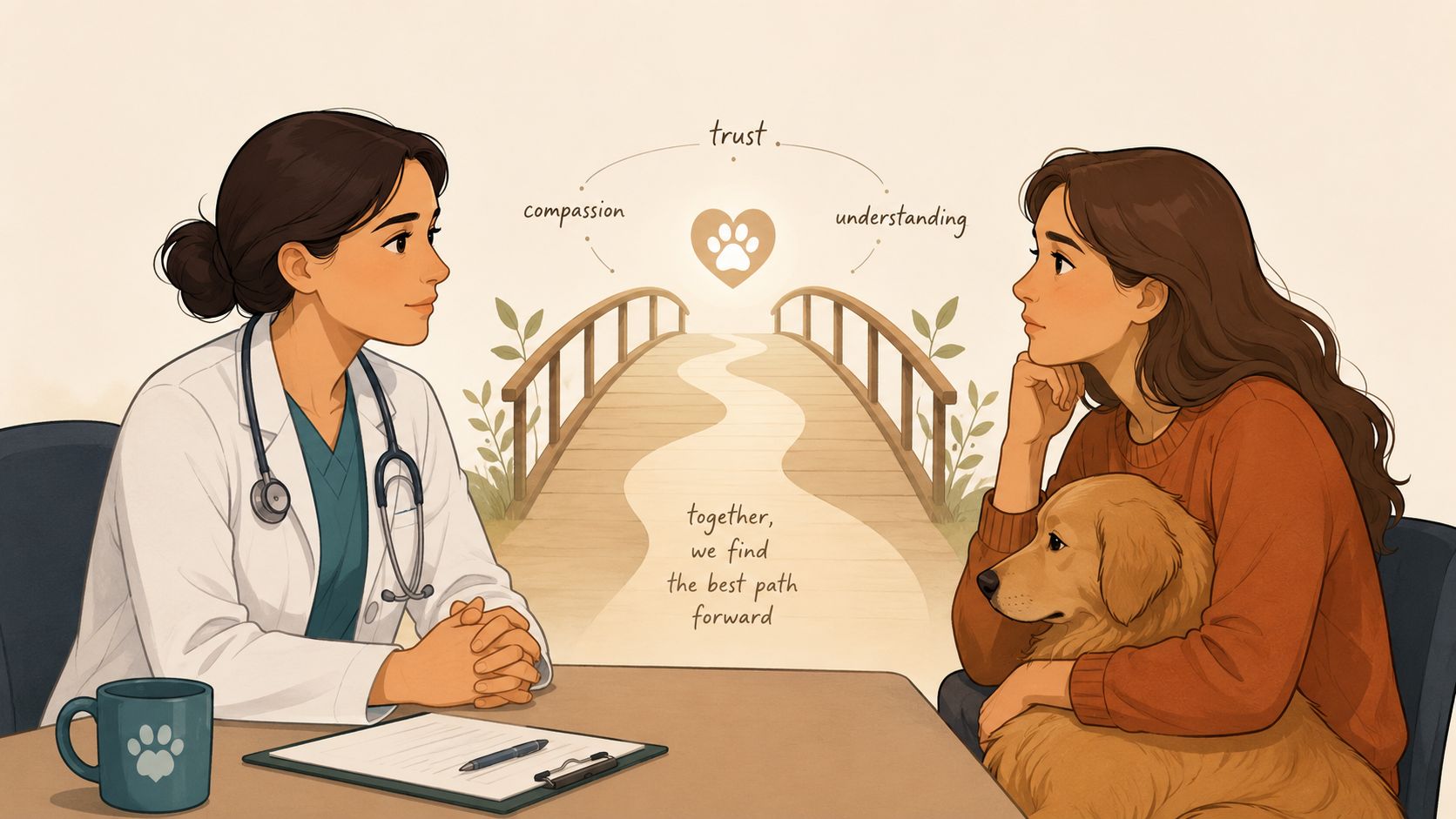 A veterinarian and a pet owner sitting at a table with a dog, communicating with compassion and trust.