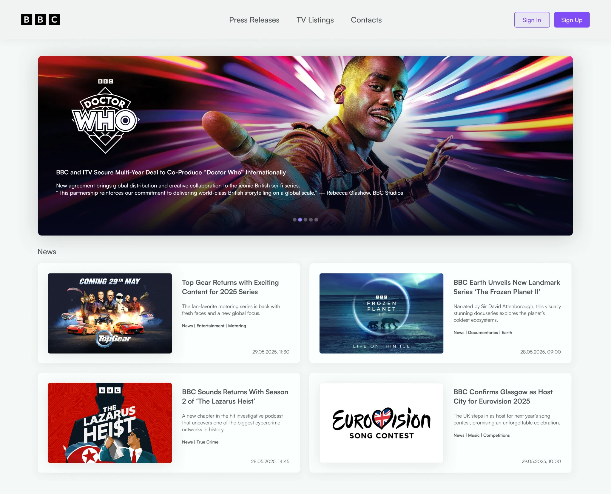 media press release example with Doctor Who image in unified newsroom interface