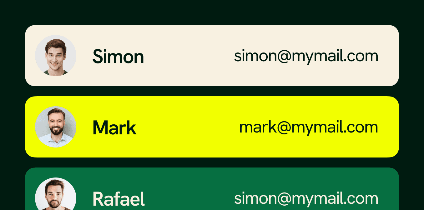 Contact list with three entries showing name, photo, and email