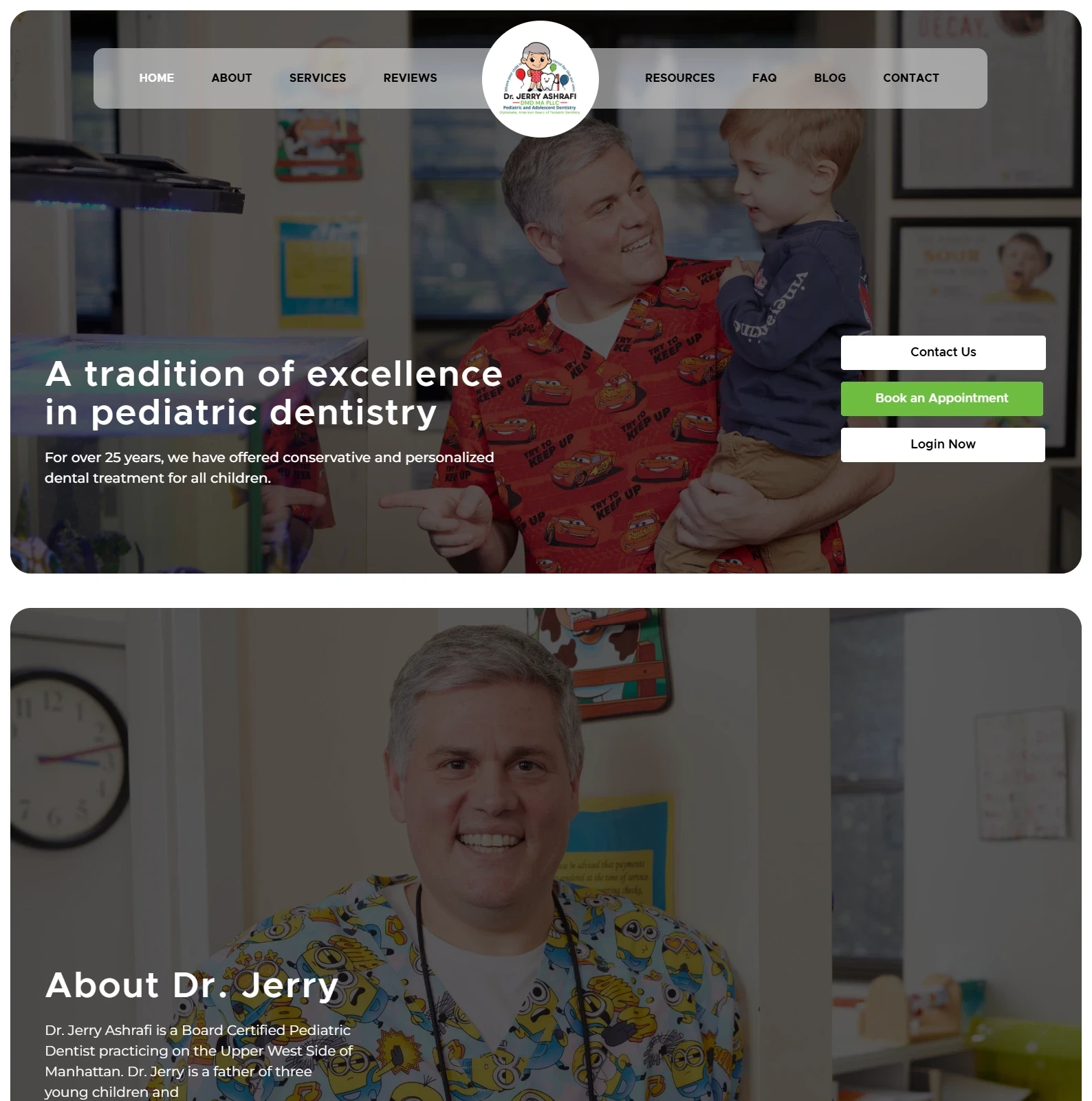 Dr. Jerry Ashrafi Pediatric Dentistry website design preview – child-friendly dental clinic web design by RJP.design Web Design Agency NYC, highlighting compassionate and professional pediatric dental care.