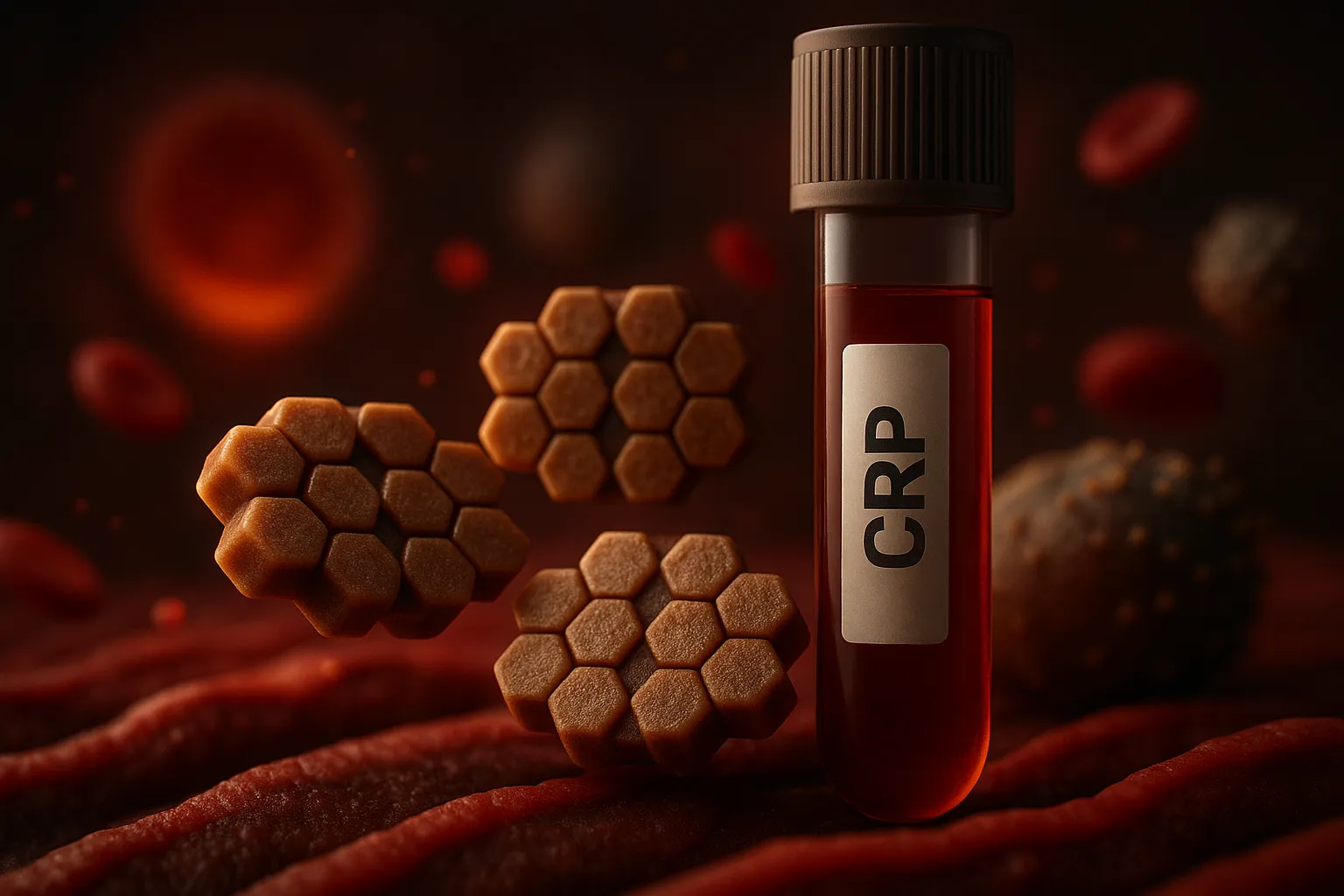CRP blood test vial with inflammatory markers