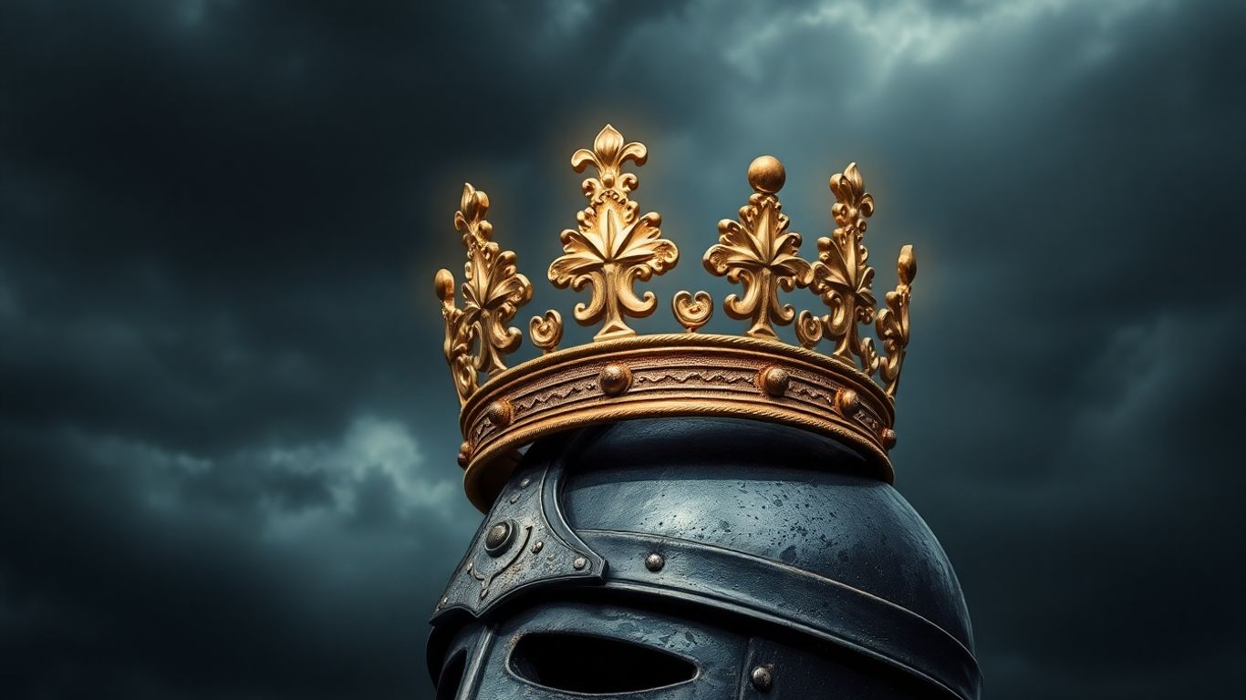 Crown on a warrior's helmet in a stormy sky.