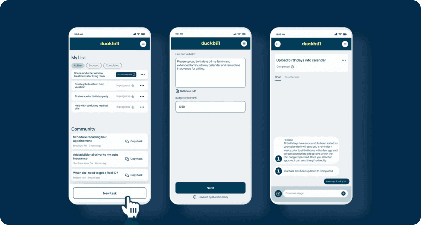 Three screenshots of a mobile app interface called 'Duckbill', featuring a 'My List', 'Community' section, and the ability to 'Upload birthdays into calendar', with a clean, minimalist design and dark blue color scheme.