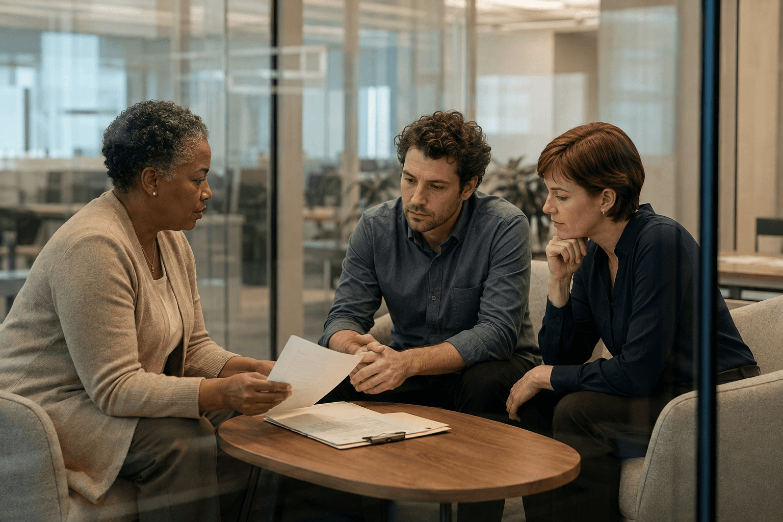 Three colleagues review paperwork together at a table.