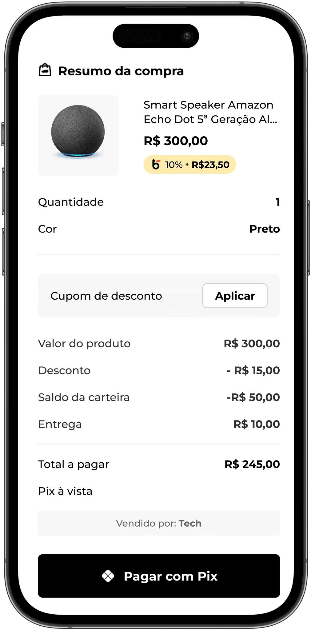 A terceira tela e também a última é o resumo da compra. Em dispositivos mobile a modal, sempre fixa e fechada na parte inferior da página, é aberta com todos os detalhes do pedido para que o usuário verifique e finalize o pagamento. São apresentada informações como: produto, informações de SKU, valor da compra, descontos aplicados, uso do saldo de cashback caso habilitado, valor de cashback ganho com a compra caso tenha e opção para cadastro de cupom. 